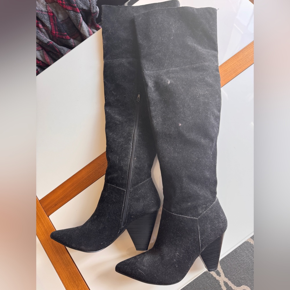 Black Faux Suede Knee-High Boots